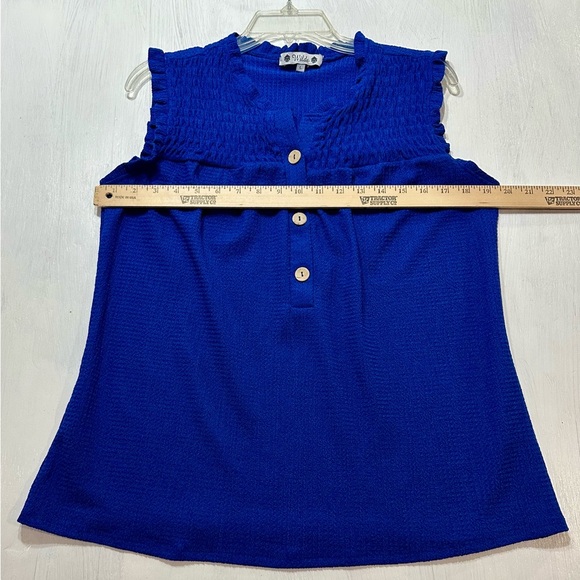 Wilde Royal Blue Sleeveless Smocked Henley Top L Ruffle Trim Button Front - Picture 3 of 8